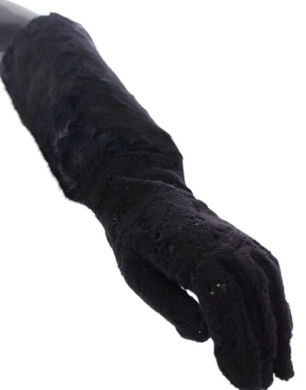 4354429.jpg Black Wool Lace & Lamb Fur Elbow Gloves