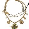 Gold Brass Crystal Floral Statement Charms Necklace