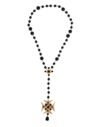 Gold Tone Brass Cross Black Beaded Chain Rosary Necklace