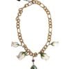 Gold Brass Short Chain Flower Crystal Pendant Necklace