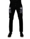 Black Floral Cotton Skinny Men Denim Jeans