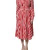 White Red Stripes Long Sleeves Midi Dress