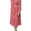 White Red Stripes Long Sleeves Midi Dress