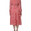 White Red Stripes Long Sleeves Midi Dress
