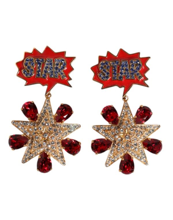 Gold Star-Shaped Sparkling Red Crystals Clip On Earrings