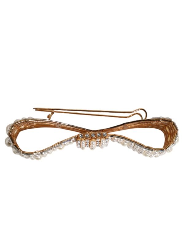Gold Tone Brass Bow Crystal FauxPearl Embellished Brooch