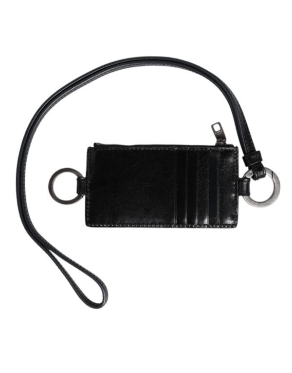 Black Leather Logo Embossed Lanyard Card Holder Wallet