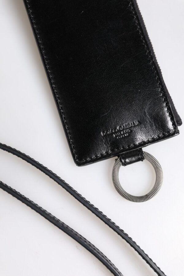 Black Leather Logo Embossed Lanyard Card Holder Wallet