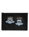 Black Leather #DGFAMILY Embellished Men Zip Pouch Bag