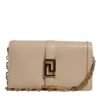 Beige Gold Chain Calf Leather Wallet Crossbody Bag
