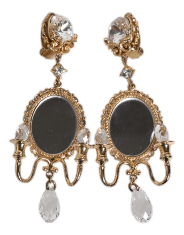 Gold Brass Clear Crystal Mirror Element Clip Dangling Earrings