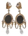 Gold Brass Clear Crystal Mirror Element Clip Dangling Earrings