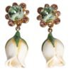 Brass White Flower Bloom Crystal Clip Dangling Earrings