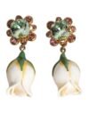 Brass White Flower Bloom Crystal Clip Dangling Earrings