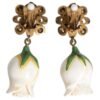 Brass White Flower Bloom Crystal Clip Dangling Earrings