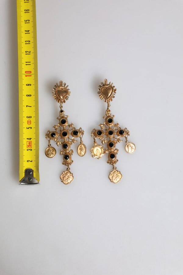 Gold Black Crystal Cross Sacred Heart Dangling Earrings