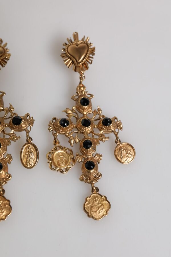 Gold Black Crystal Cross Sacred Heart Dangling Earrings