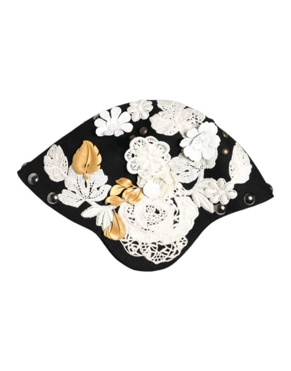 Black Wool White Floral Gold Leaf Cloche Hat