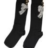 Black Knit Floral Crystal Embellishment Socks