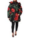Black Floral Polyester Hooded Quilted Jacket