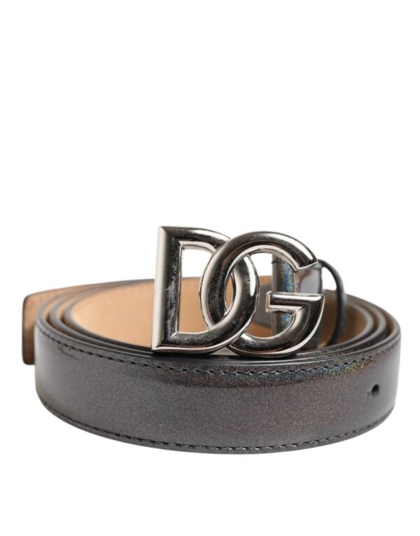 8449065.jpeg Metallic Leather Silver Tone Logo Buckle Belt