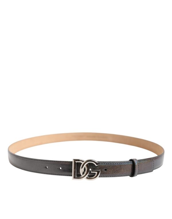 8449070.jpeg Metallic Leather Silver Tone Logo Buckle Belt