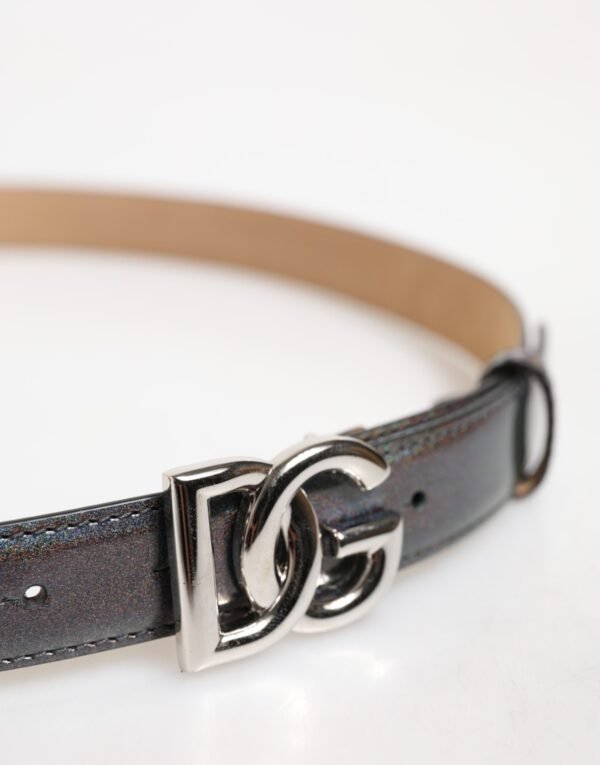 8449074.jpeg Metallic Leather Silver Tone Logo Buckle Belt