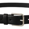 Black Calf Leather Silver Tone Logo Buckle Belt