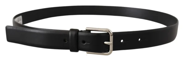 Black Calf Leather Silver Tone Logo Buckle Belt