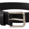 Black Calf Leather Silver Tone Logo Buckle Belt