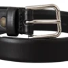 Black Calf Leather Silver Tone Logo Buckle Belt