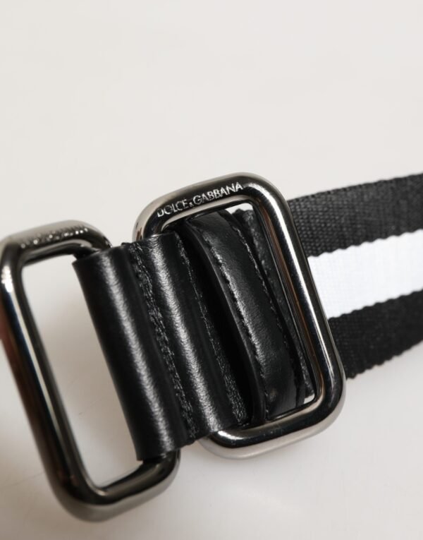 Black White Striped Logo Metal Buckle Belt