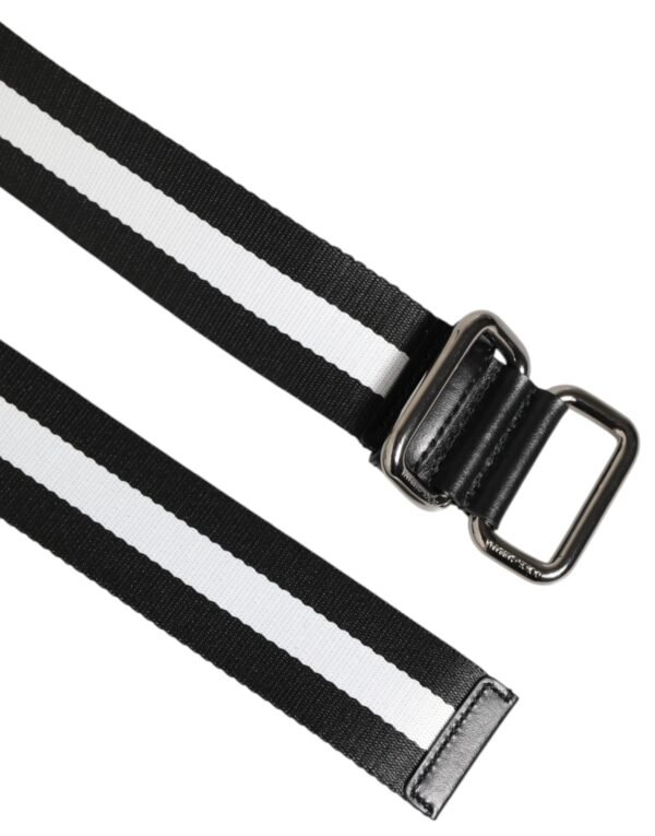 Black White Striped Logo Metal Buckle Belt