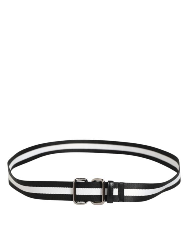 Black White Striped Logo Metal Buckle Belt