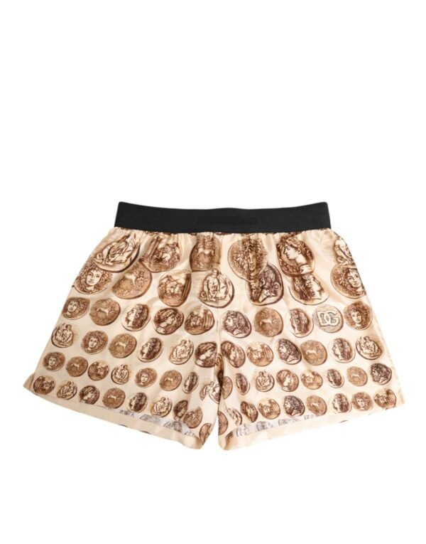 Brown Ancient Coin Print Silk Shorts Swimwear