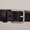 Calf Leather Silver Tone Black Metal Buckle Belt