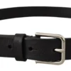 Calf Leather Silver Tone Black Metal Buckle Belt