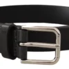 Calf Leather Silver Tone Black Metal Buckle Belt