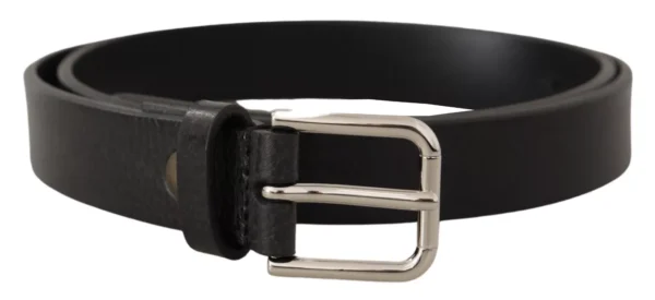 Calf Leather Silver Tone Black Metal Buckle Belt