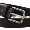 Calf Leather Silver Tone Black Metal Buckle Belt