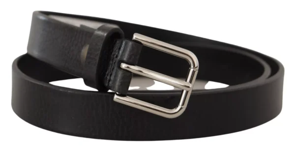 Calf Leather Silver Tone Black Metal Buckle Belt