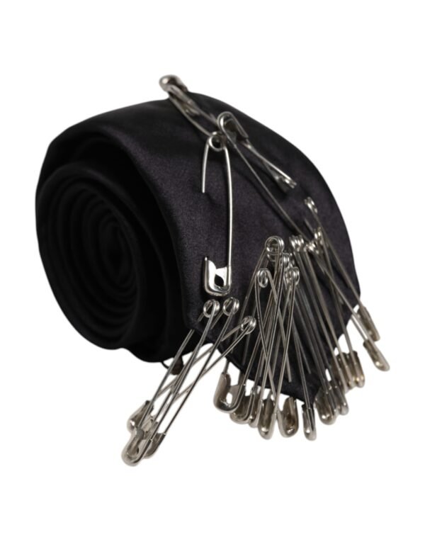 9476246.jpeg Black Safety Pins Silk Adjustable Necktie Accessory Tie