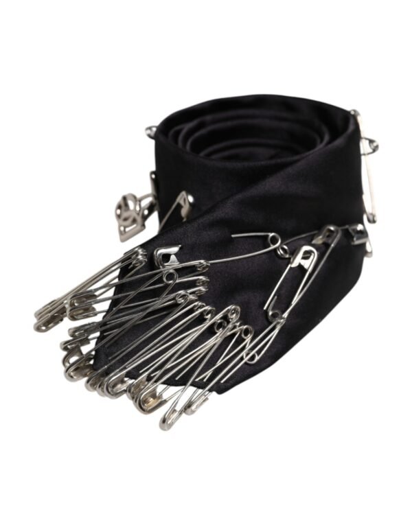 9476247.jpeg Black Safety Pins Silk Adjustable Necktie Accessory Tie