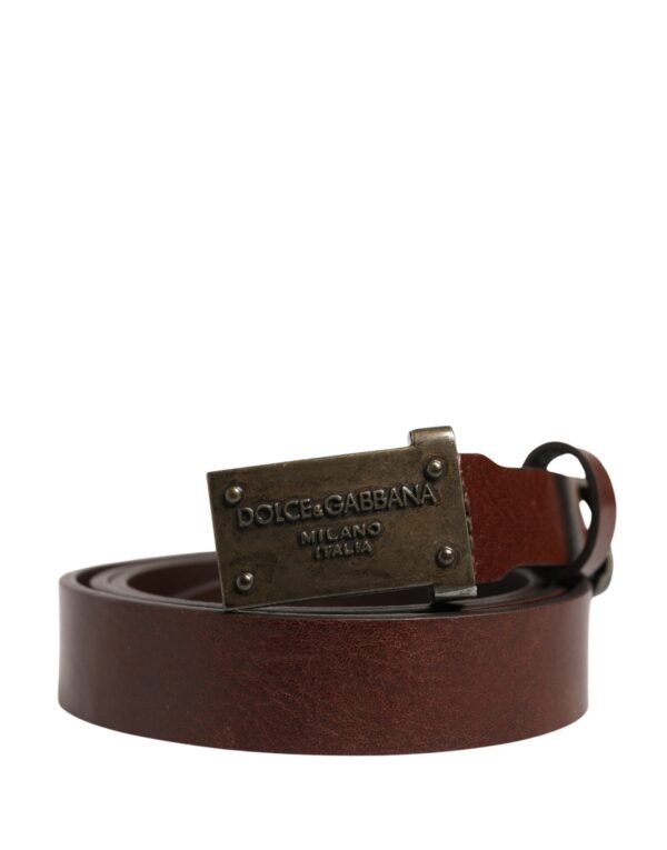 Brown Leather Logo Metal Buckle Men Belt